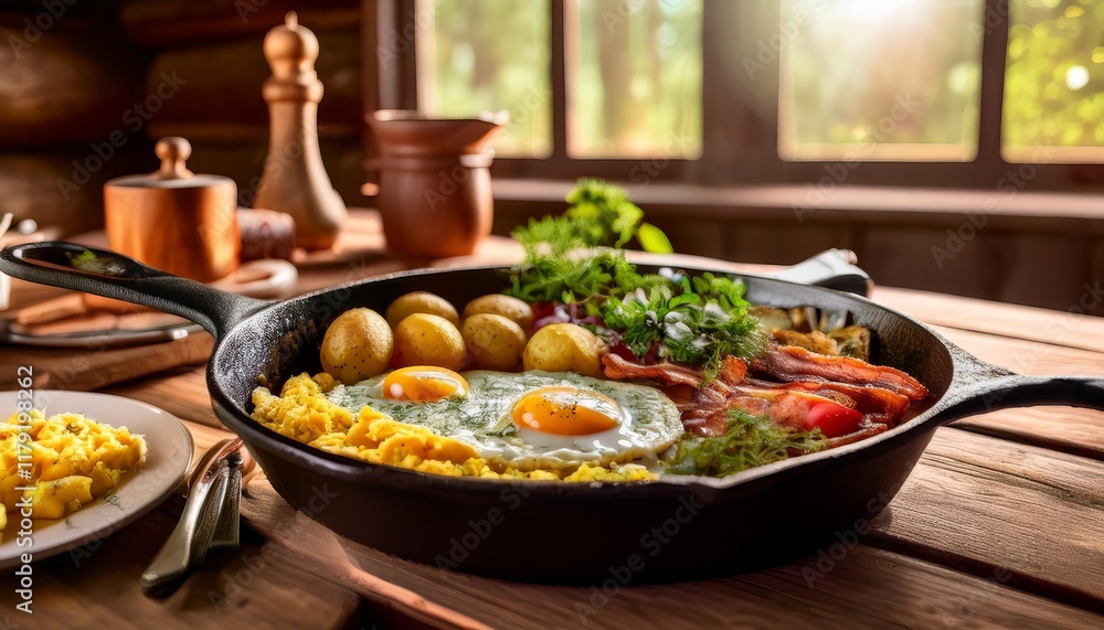 Cast iron pan holding delicious rustic country breakfast with scrambled eggs, bacon, potatoes, and herbs Cast iron pan holding delicious rustic country breakfast with scrambled eggs, bacon, potatoes, and herbs