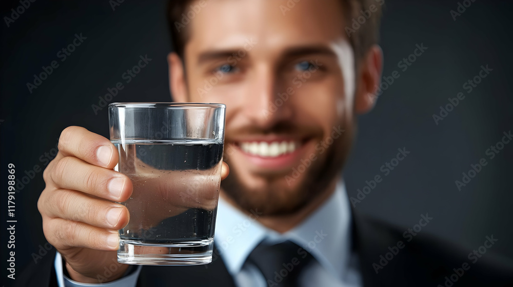 Smiling Professional Holds a Glass of Water Against a Dark Background Smiling Professional Holds a Glass of Water Against a Dark Background