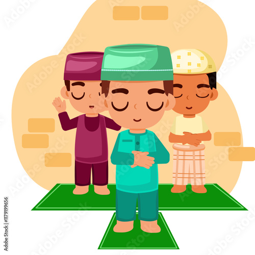 flat illustration of muslim men performing congregational prayers