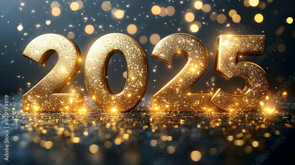 Shiny Gold 2025 Numbers Sparkle on a Dark Festive Background with Golden Glitter and Bokeh Lights Shiny Gold 2025 Numbers Sparkle on a Dark Festive Background with Golden Glitter and Bokeh Lights