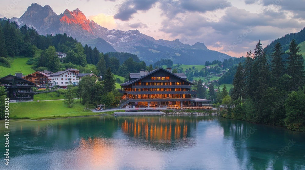 Fototapeta premium Mountain lake resort at sunset, reflecting in calm water.