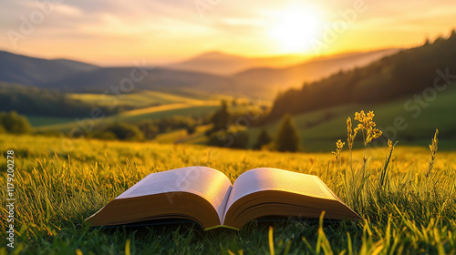 Fototapeta Naklejka Na Ścianę i Meble -  Open book on a grassy hill at sunrise with scenic mountain view
