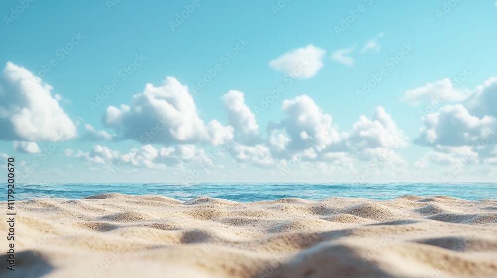 Serene Beach Scene Sandy Shore Meets Calm Ocean Under Blue Sky. Serene Beach Scene Sandy Shore Meets Calm Ocean Under Blue Sky.