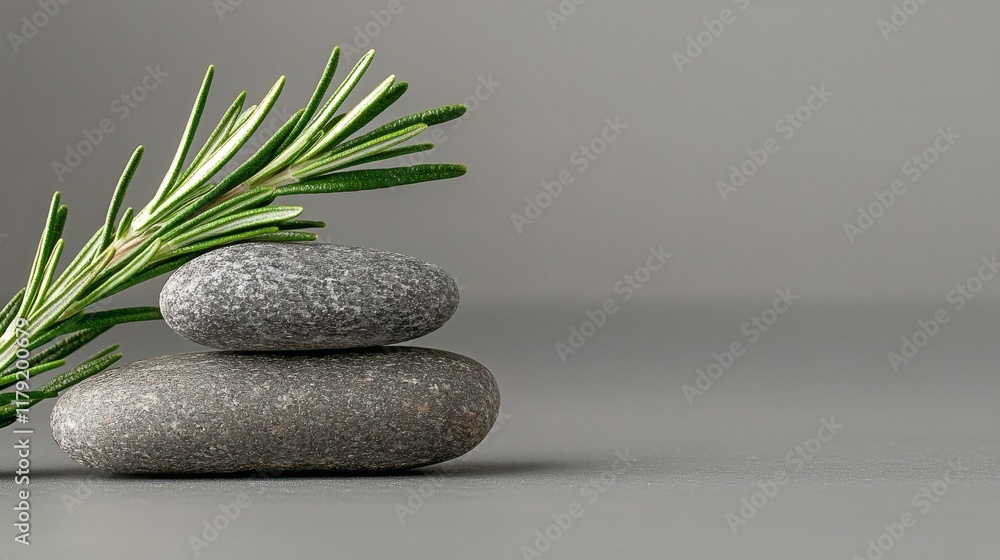 Obraz premium Stacked grey stones with fresh rosemary sprig on grey background.