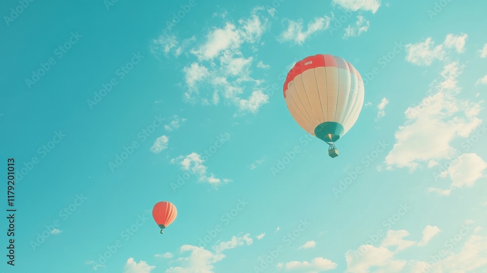 Obraz premium colorful hot air balloons floating in blue sky, symbolizing adventure, freedom, and dreams, bright and uplifting atmosphere, perfect for travel and motivation themes