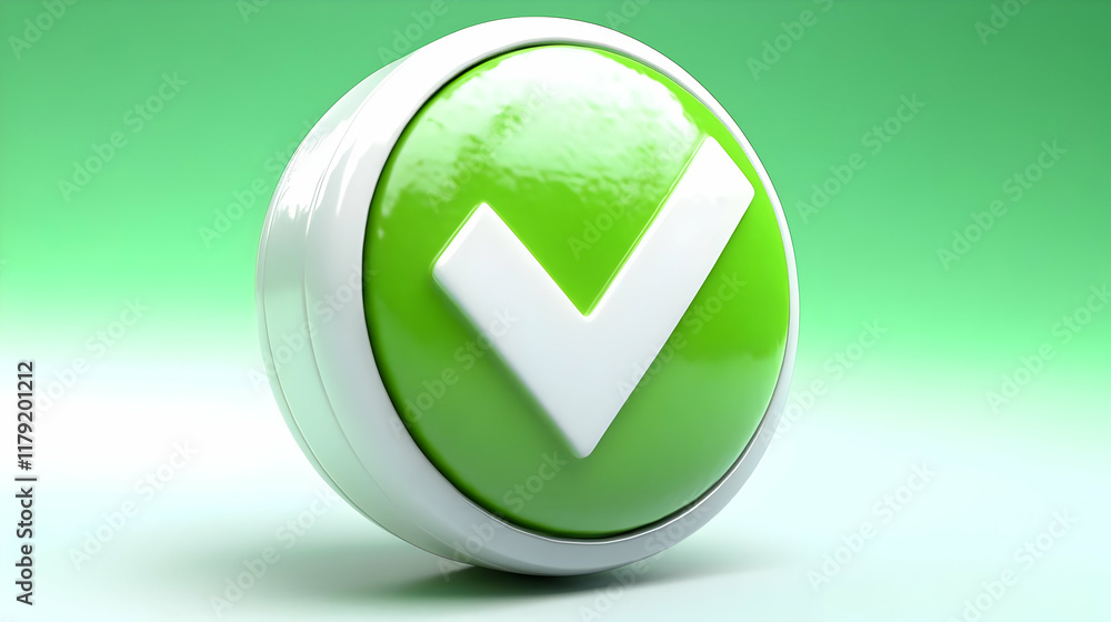 3D Green Check Mark Button on a Green and White Gradient Background Shows Approval 3D Green Check Mark Button on a Green and White Gradient Background Shows Approval