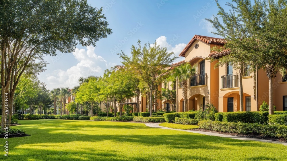 Mediterranean-style apartment buildings with lush landscaping and a grassy lawn. Mediterranean-style apartment buildings with lush landscaping and a grassy lawn.
