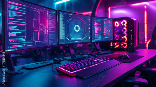 A vibrant gaming setup features three monitors displaying code, a glowing RGB keyboard, a gaming mouse, and a visible RGBlit PC tower. photo