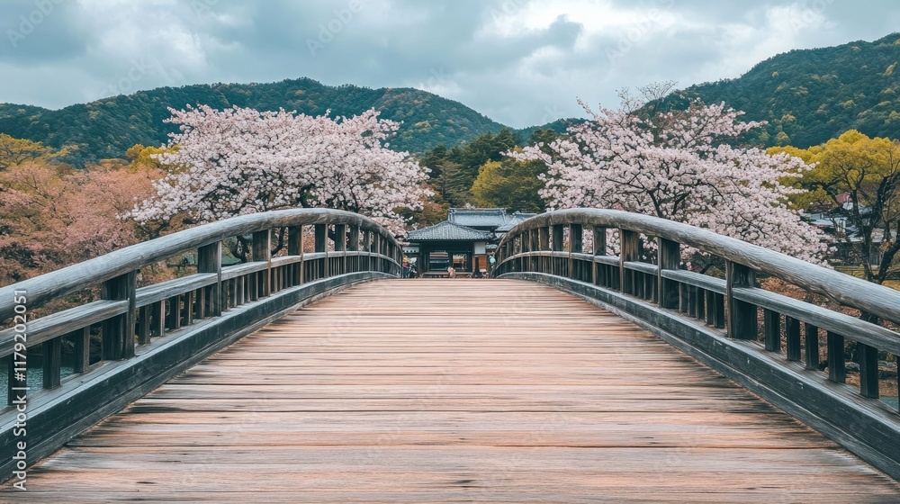 Wooden Bridge Over Tranquil River Surrounded by Cherry Blossoms Wooden Bridge Over Tranquil River Surrounded by Cherry Blossoms