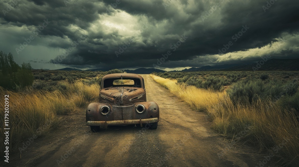 Fototapeta premium abandoned car on a deserted dirt road, dramatic stormy sky overhead, perfect for illustrating isolation and adventure