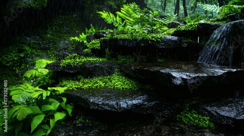 Lush green ferns and moss cover dark rocks beside a small waterfall during a rain shower.