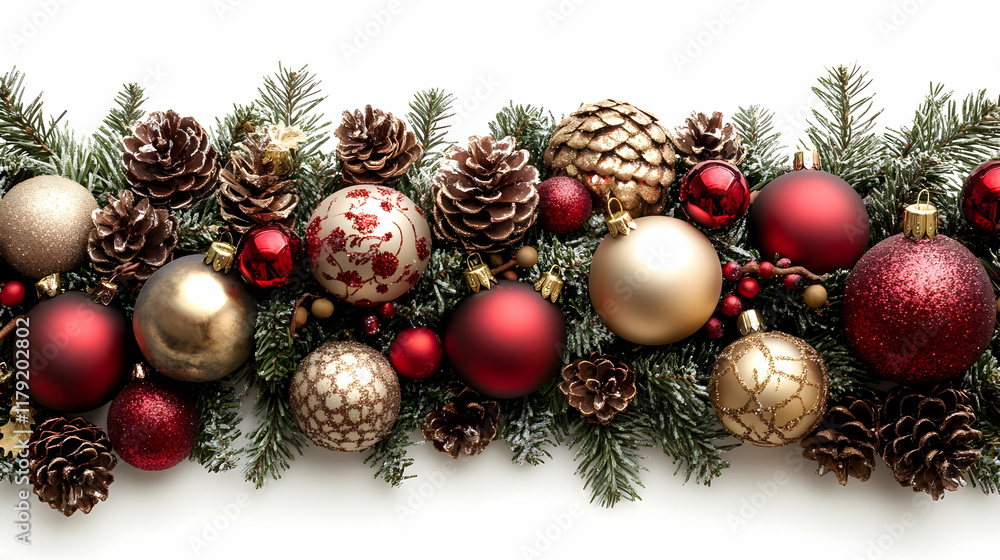 Elegant Christmas Garland Decorated with Red and Gold Ornaments Complements Festive Decor Beautifully Elegant Christmas Garland Decorated with Red and Gold Ornaments Complements Festive Decor Beautifully