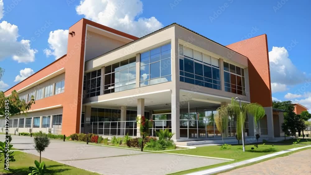 modern yellow school building with green grass and blue sky modern yellow school building with green grass and blue sky