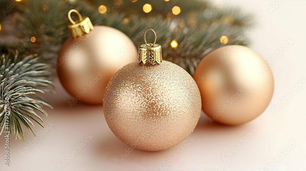 Three Rose Gold Ornaments Rest Elegantly beneath a Lit Christmas Tree Branch Three Rose Gold Ornaments Rest Elegantly beneath a Lit Christmas Tree Branch
