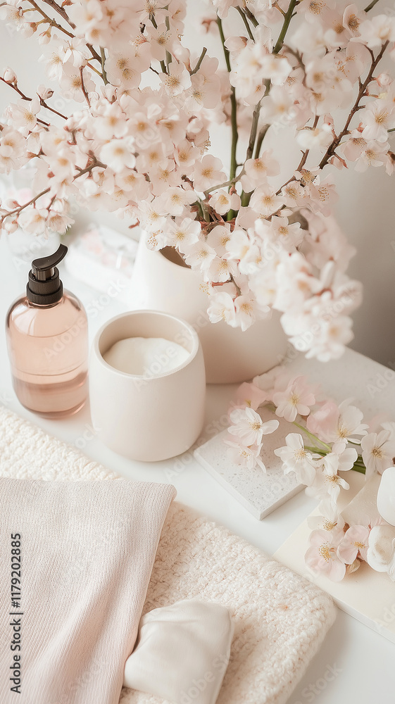 A white vase with pink flowers sits on a table next to a bottle of lotion A white vase with pink flowers sits on a table next to a bottle of lotion
