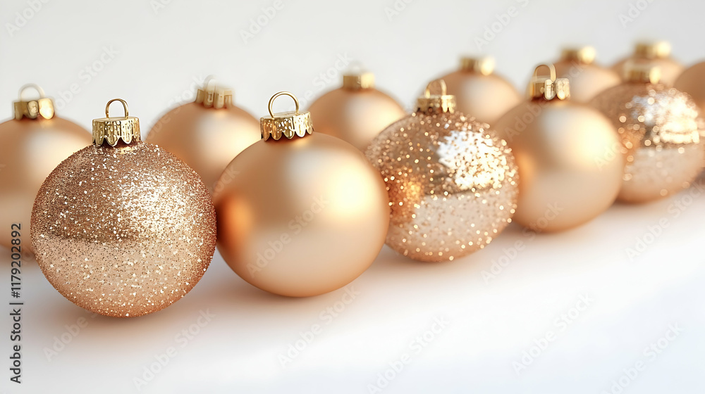 Golden Christmas Ornaments Sparkle and Shine on a White Background, Creating a Festive Holiday Scene. Golden Christmas Ornaments Sparkle and Shine on a White Background, Creating a Festive Holiday Scene.