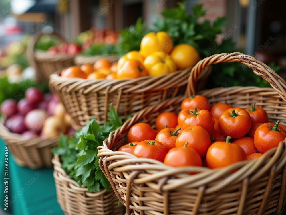 Fresh tomatoes and citrus fruits display in woven baskets at a vibrant local market