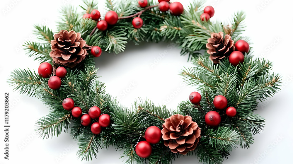 Christmas Wreath Decorated with Pine Cones and Red Ornaments on White Background. Christmas Wreath Decorated with Pine Cones and Red Ornaments on White Background.