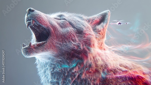 A vibrant digital art rendering of a wolf howling, its fur imbued with swirling colors and ethereal energy. Majestic and powerful, symbolizing wildness and freedom.
