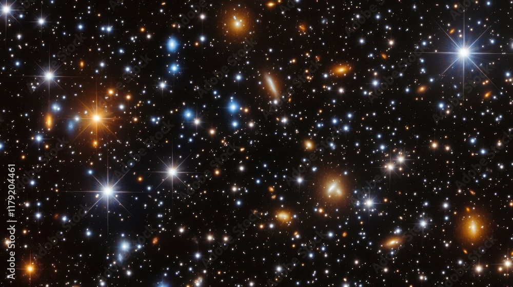 Fototapeta premium dense star field with golden and white lights twinkling against a black backdrop