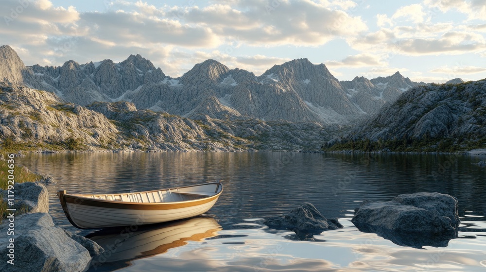 Serene mountain lake with small rowboat. Serene mountain lake with small rowboat.