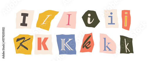Assorted colorful letters I and K in various styles on torn paper shapes, arranged on a white background. Creative typography concept. Vector illustration