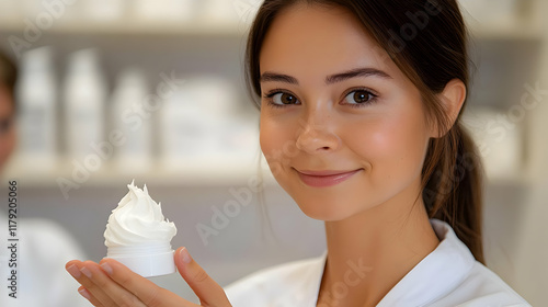 Woman Holds Jar of Moisturizer, Smiling at Camera in Pharmacy or Lab Setting