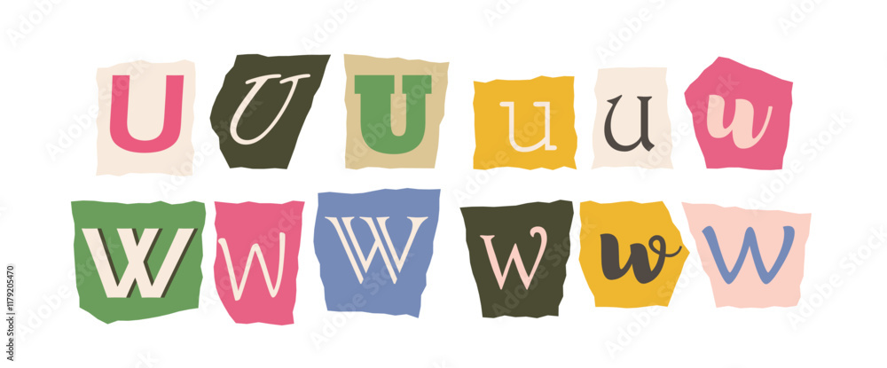 Various decorative uppercase and lowercase letters U and W displayed on colorful torn paper backgrounds. Creative and artistic typography design concept. Vector illustration. Various decorative uppercase and lowercase letters U and W displayed on colorful torn paper backgrounds. Creative and artistic typography design concept. Vector illustration.