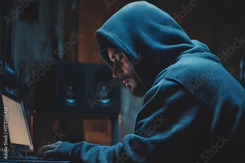 side view of a man in hoodie working on his laptop