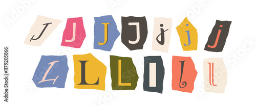 Artistic letters J and L in various styles on colorful torn paper shapes, creative composition on a white background. Concept of typography art. Vector illustration