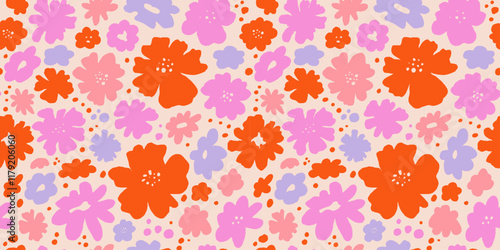 Vector seamless pattern in simple floral wavy and groovy naive style, flowers and plants, floral botanic hand drawn design templates, modern art prints, surface design