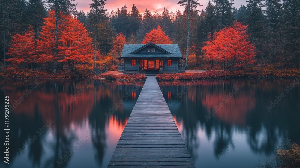 Fototapeta premium Lakeside cabin at sunset with autumn foliage.