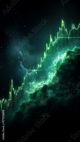 stock graph going up, graphic, black background, neon green stock line