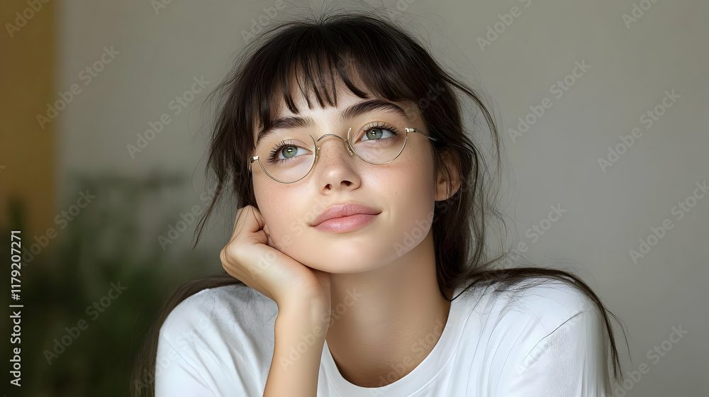 Thoughtful Young Woman in Glasses Contemplates with Chin in Hand Thoughtful Young Woman in Glasses Contemplates with Chin in Hand