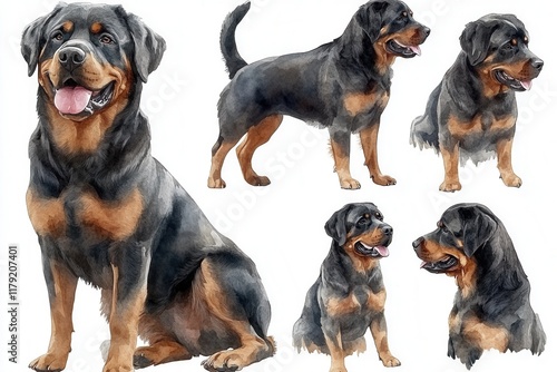 A watercolor illustration featuring various poses of a Rottweiler dog.