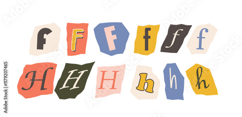 Various stylized letters F and H in uppercase and lowercase, arranged on colorful torn paper shapes over a plain white background. Creative typography concept. Vector illustration.