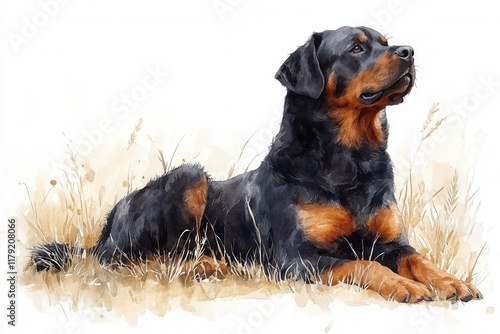 A watercolor illustration of a Rottweiler lying in a grassy area, showcasing its features.