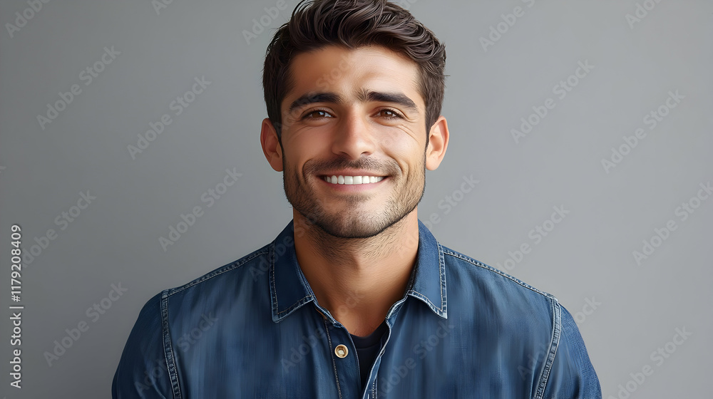 Portrait of a Smiling Man Wearing a Denim Shirt Against a Gray Background Portrait of a Smiling Man Wearing a Denim Shirt Against a Gray Background
