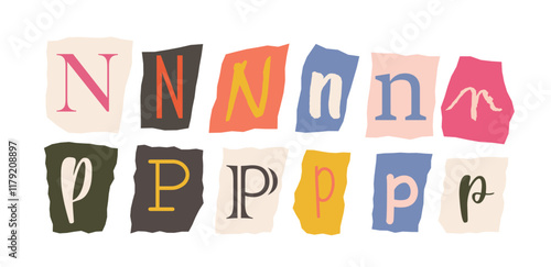 Stylized letters N and P displayed in various fonts on torn paper backgrounds in assorted colors. Creative concept for typography and design. Vector illustration