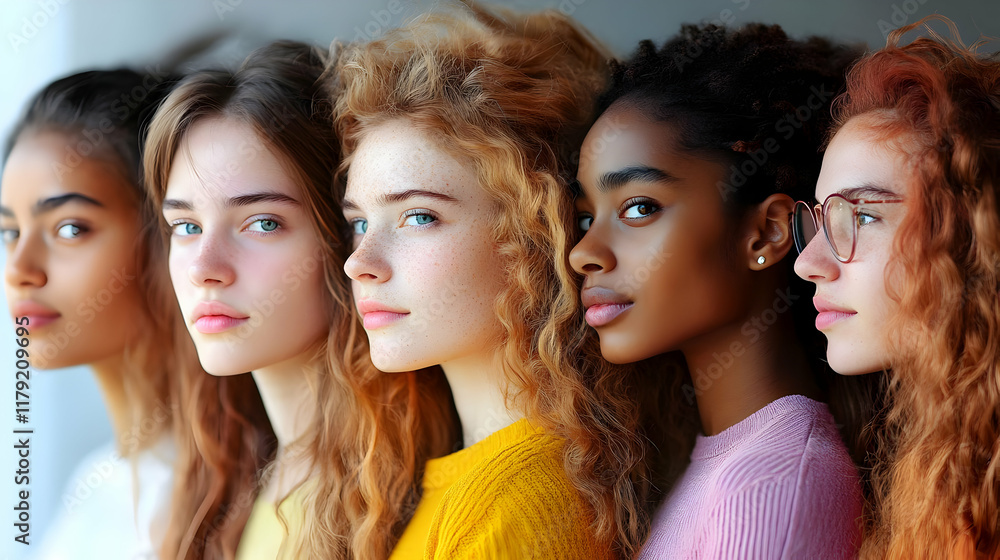 Five Diverse Women Stand Together, Embracing Multiculturalism and Female Empowerment. Five Diverse Women Stand Together, Embracing Multiculturalism and Female Empowerment.