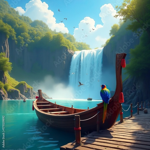 boat at the edge of a waterfall photo