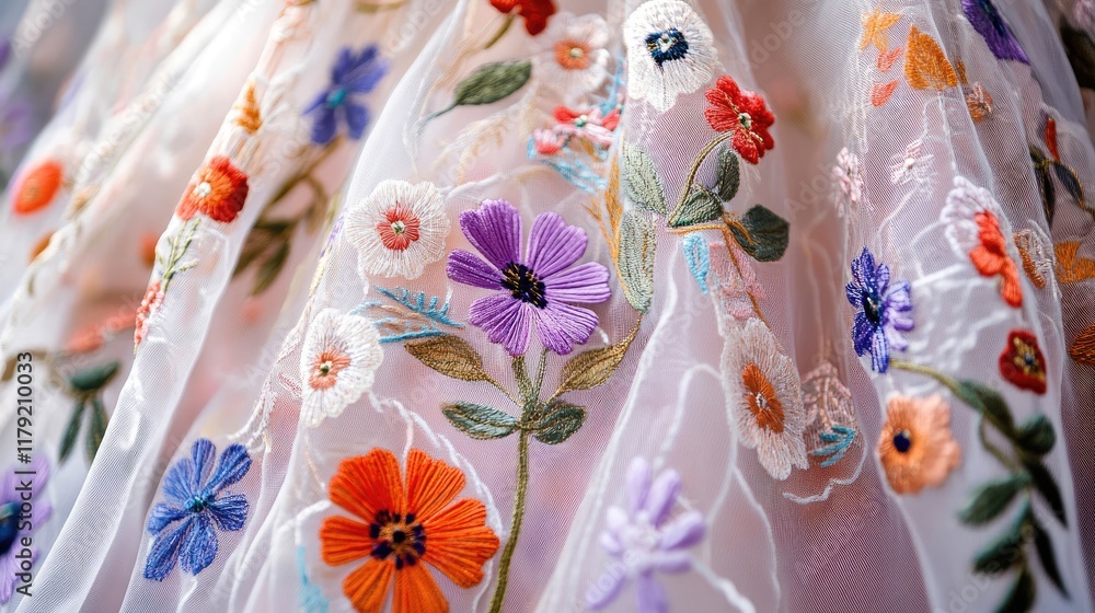 Fototapeta premium Detailed shot of a lavender dress with colorful floral patterns on white mesh, highlighting its exquisite design.