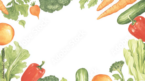 Watercolor painting of various vegetables forming a frame. Features carrots, bell peppers, broccoli, cucumbers, and leafy greens. White background.