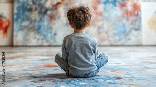 Contemplating Creativity A Young Artist Sits Before Vibrant Artwork in a Paint-Splattered Studio photo