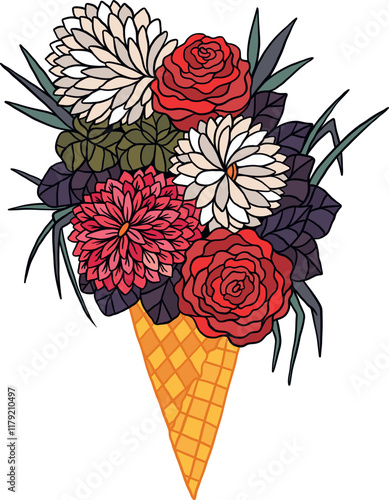 Beautiful Bouquet Of Flowers In Ice Cream Waffle Cone