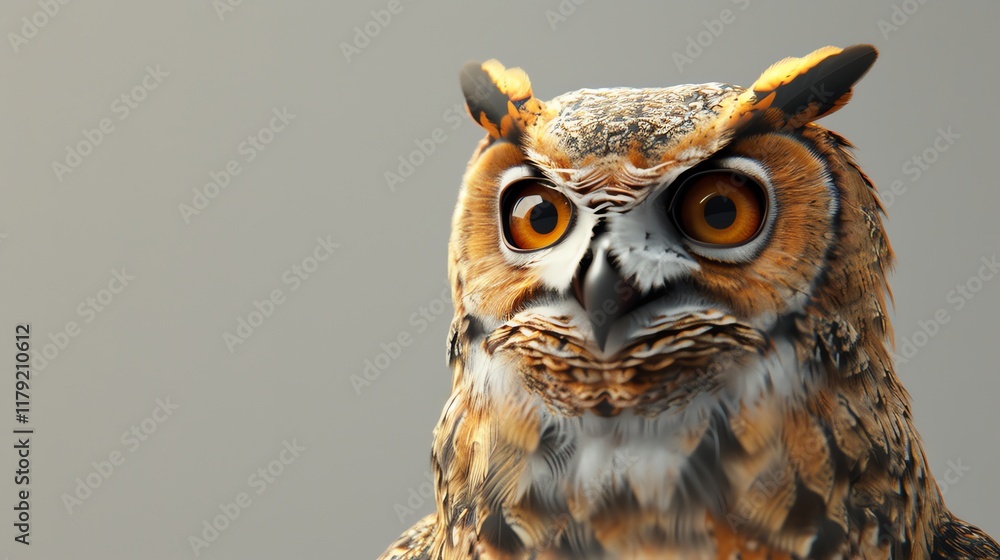 A close-up portrait of an owl's face with intense, focused eyes. A close-up portrait of an owl's face with intense, focused eyes.