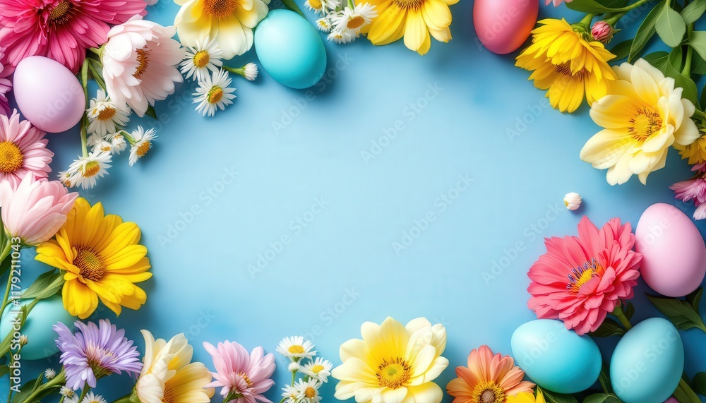 Colorful Easter eggs with flowers on empty background. Easter, spring, celebration concept. Festive decor for card, poster, banner with copy space. Colorful Easter eggs with flowers on empty background. Easter, spring, celebration concept. Festive decor for card, poster, banner with copy space.