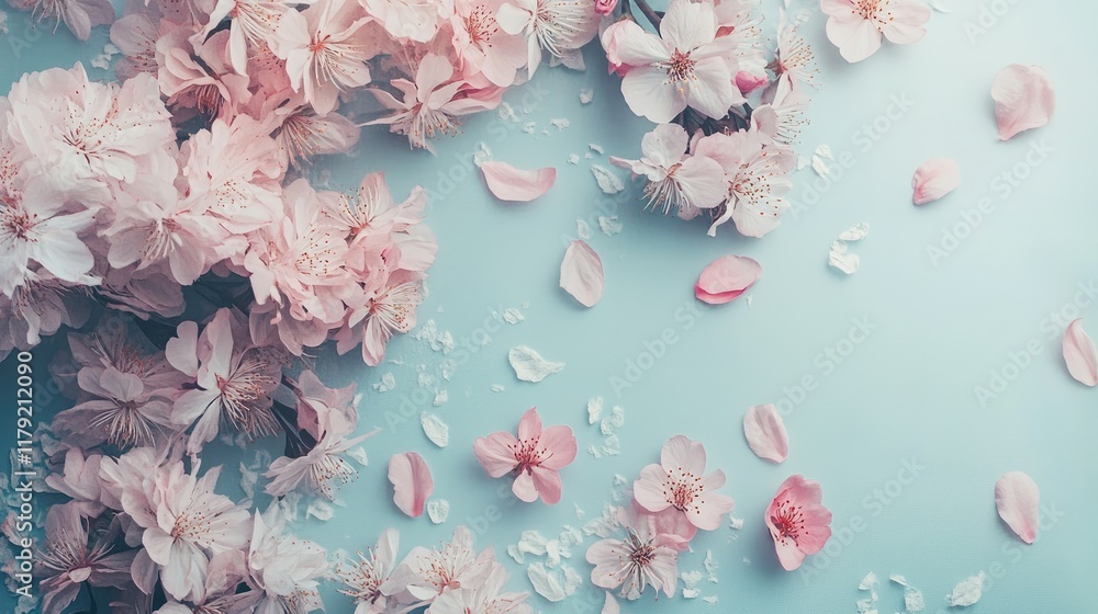 Obraz premium Flat lay design featuring fresh pink blooms and soft petals on a pastel blue background, capturing spring's essence.