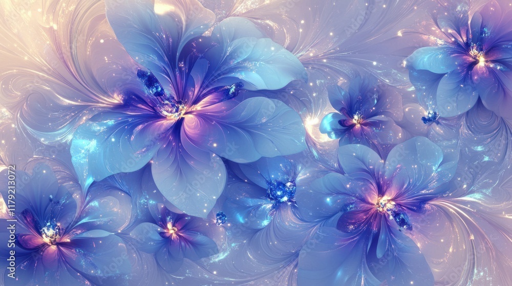 A seamless pattern of beautiful purple and blue flowers with abstract swirls and glowing accents on a light background