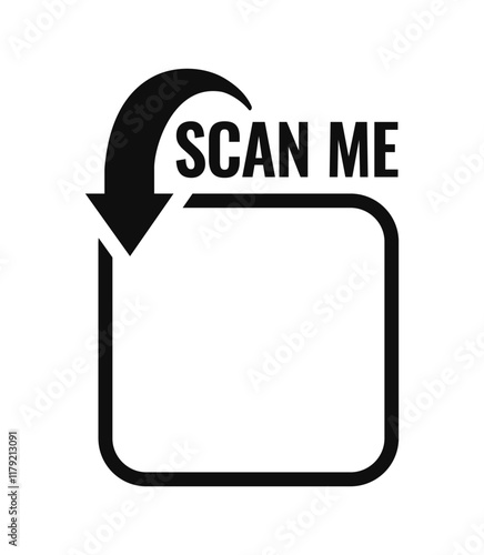 Black arrow pointing to a square with Scan Me text above, simple black and white graphic, minimalistic design, symbolizing QR code or scanning. Vector illustration